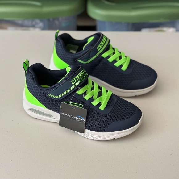 NWT Skechers Skech-Air Microspec Max Velcro Sneakers Boys Navy/Neon Green - Picture 1 of 8